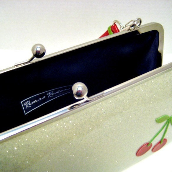Sparkle Vinyl Purse - White with Cherries Metal Flake Glitter Vinyl Retro Handbag