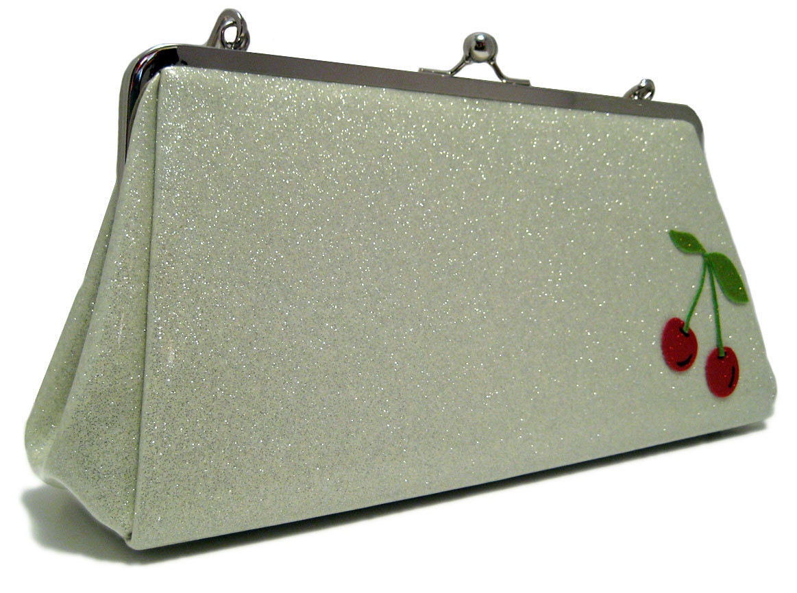 Sparkle Vinyl Purse - White with Cherries Metal Flake Glitter Vinyl Retro Handbag