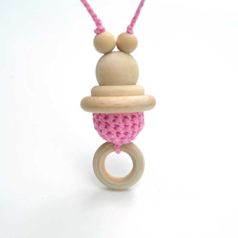 natural wooden Crochet necklace for mom/  teething  toy for baby - ring and pink bead- Teether toy bear. boys and girls. eco-friendly
