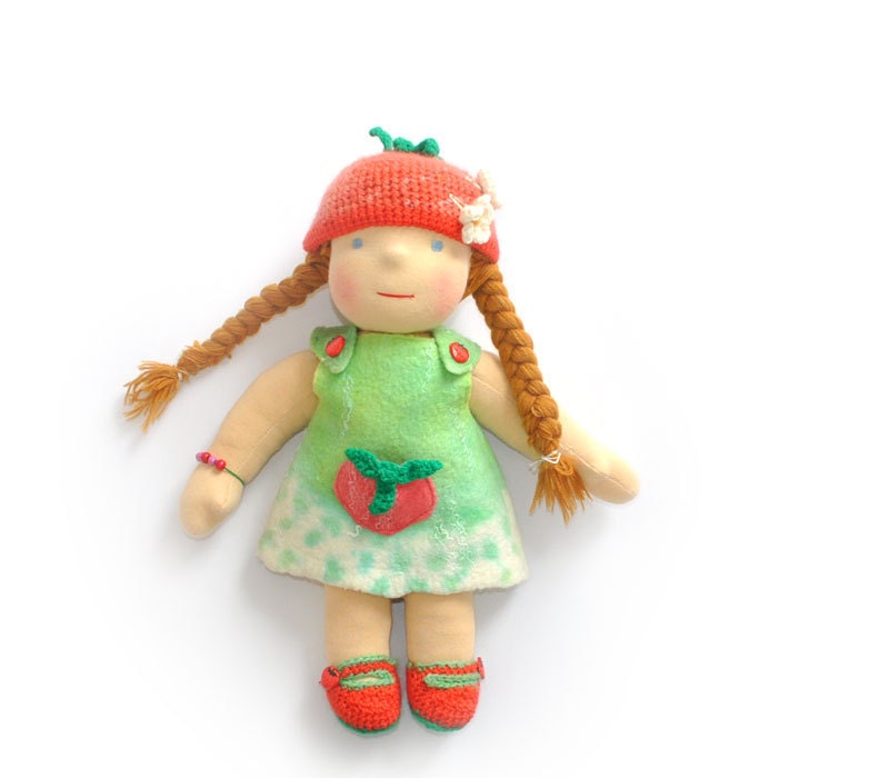 Waldorf doll Samanta in the bright green dress with red strawberry, cloth doll - LaFiabaRussa