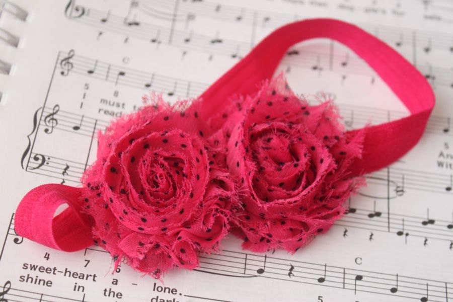 Boutique Style Baby Couture Chiffon Shabby Flower Headband Set - Jot Pink Polka Dots