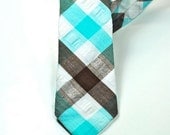 Necktie - Aqua and Brown Plaid -  Neckties, Plaid Neckties,Cotton Neckties, Custom Neckties, Seersucker Neckties, Skinny Neckties