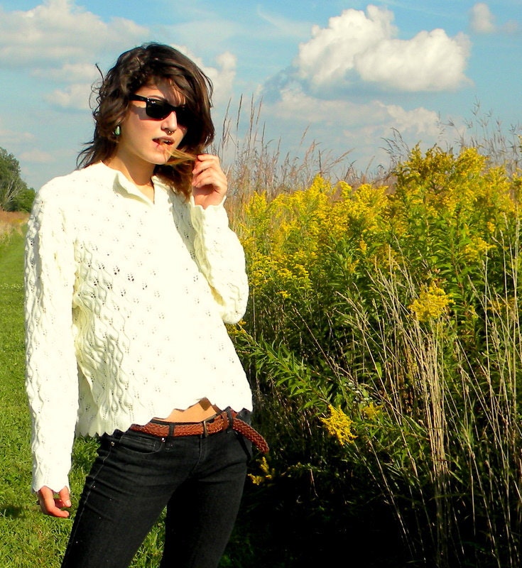 Vintage Pointelle Cardigan  White Sweater 1960s  Mid Century Sweater Medium