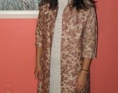 Vintage 1950's-1960's Reversible Long Jacket Coat - Brown and Cream Floral to Plain Brown