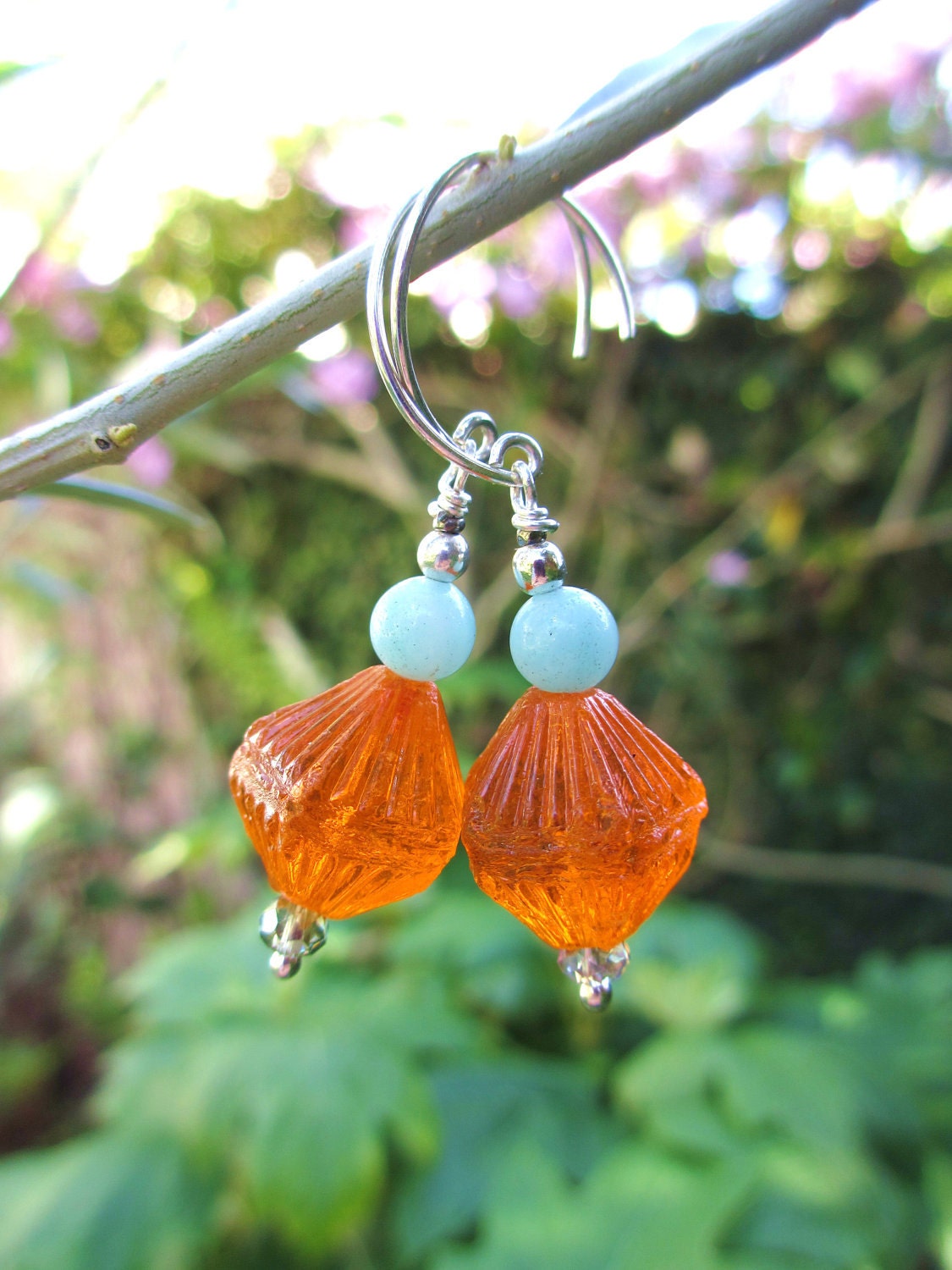 Citrus Sky Earrings -- Brilliant Vintage Orange Glass, Soft Blue Amazonite & Prism Crystals w Artisan-Made Sterling Hoops