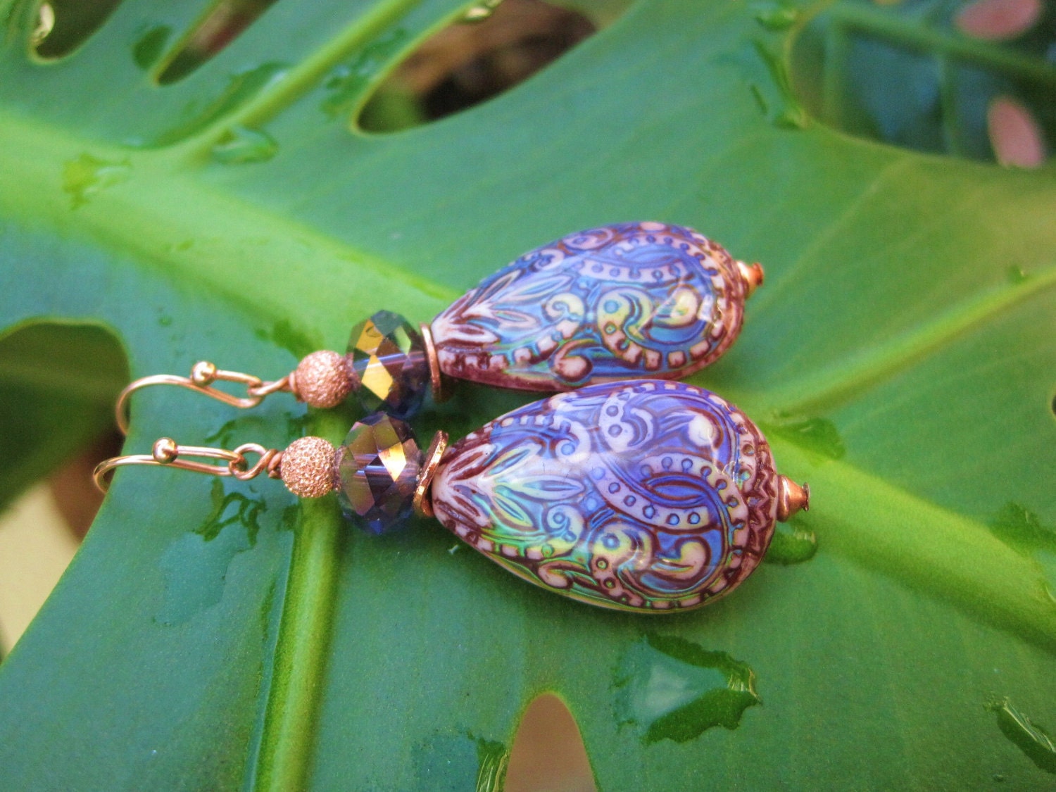In the Mood Earrings -- Gorgeous Color-Changing Mood Teardrops w Purple Crystals & Copper Stardust Beads // Proceeds Aid Disaster Relief