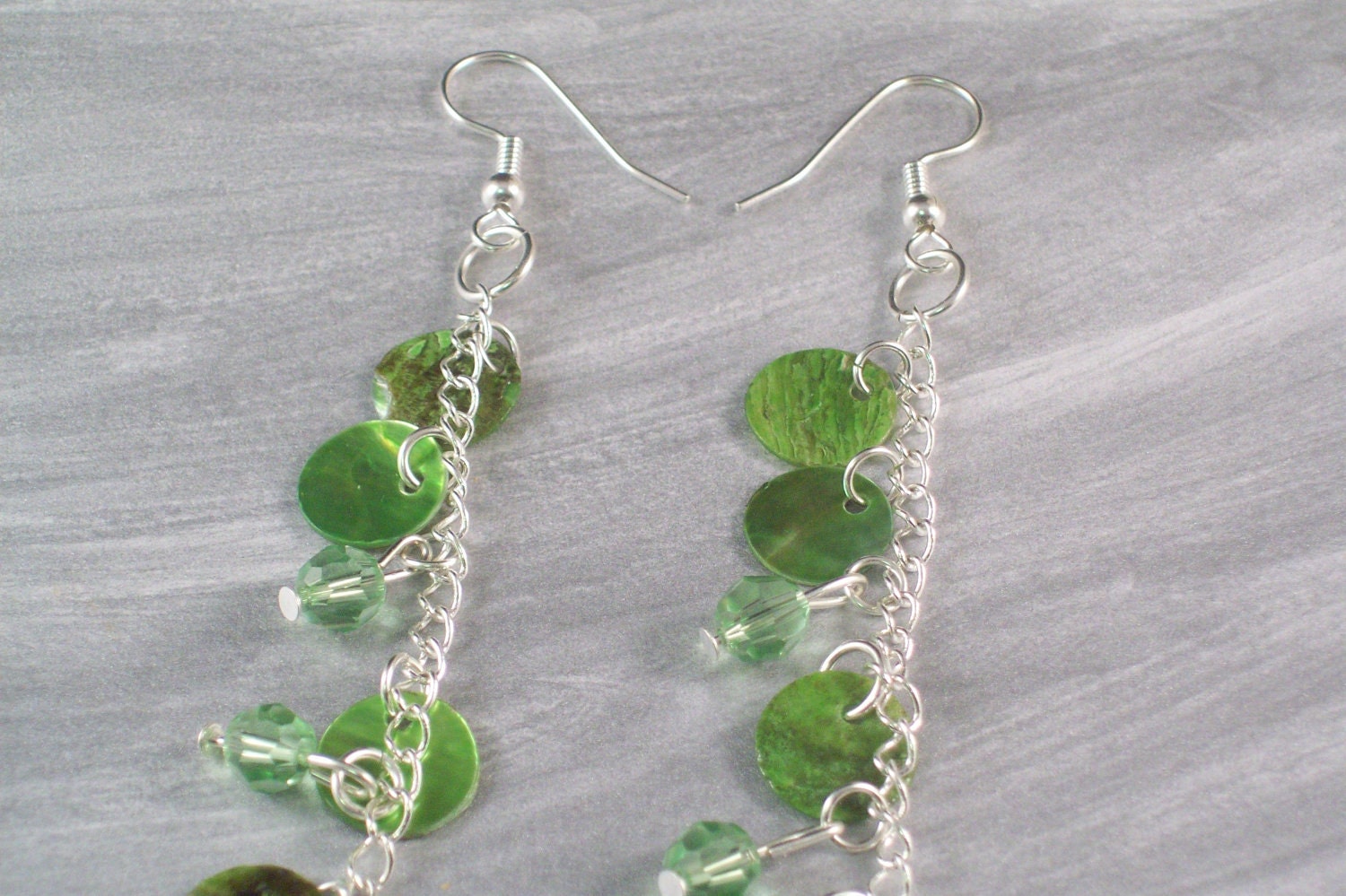 Green Shell Drops and Swarovski Crystal Long Shoulder Duster Earrings