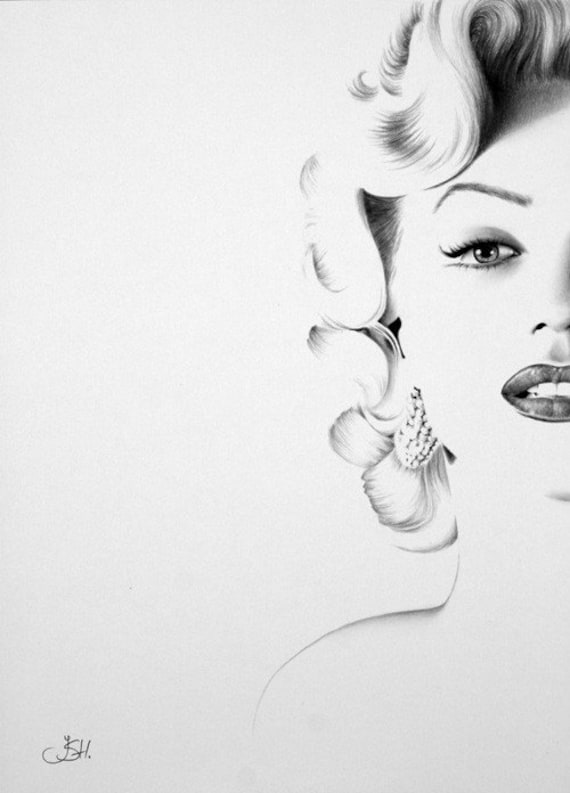 Marilyn Monroe Pencil Drawing Fine Art Classic Hollywood Glamour BeautyPortrait Print Hand Signed