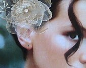 Gold Flower Hair Clip, Gold Organza Hair Clip, Gold Hair accessories.  Ivory, beige, off white, Wedding, Bridal, Bridesmaids, Bride