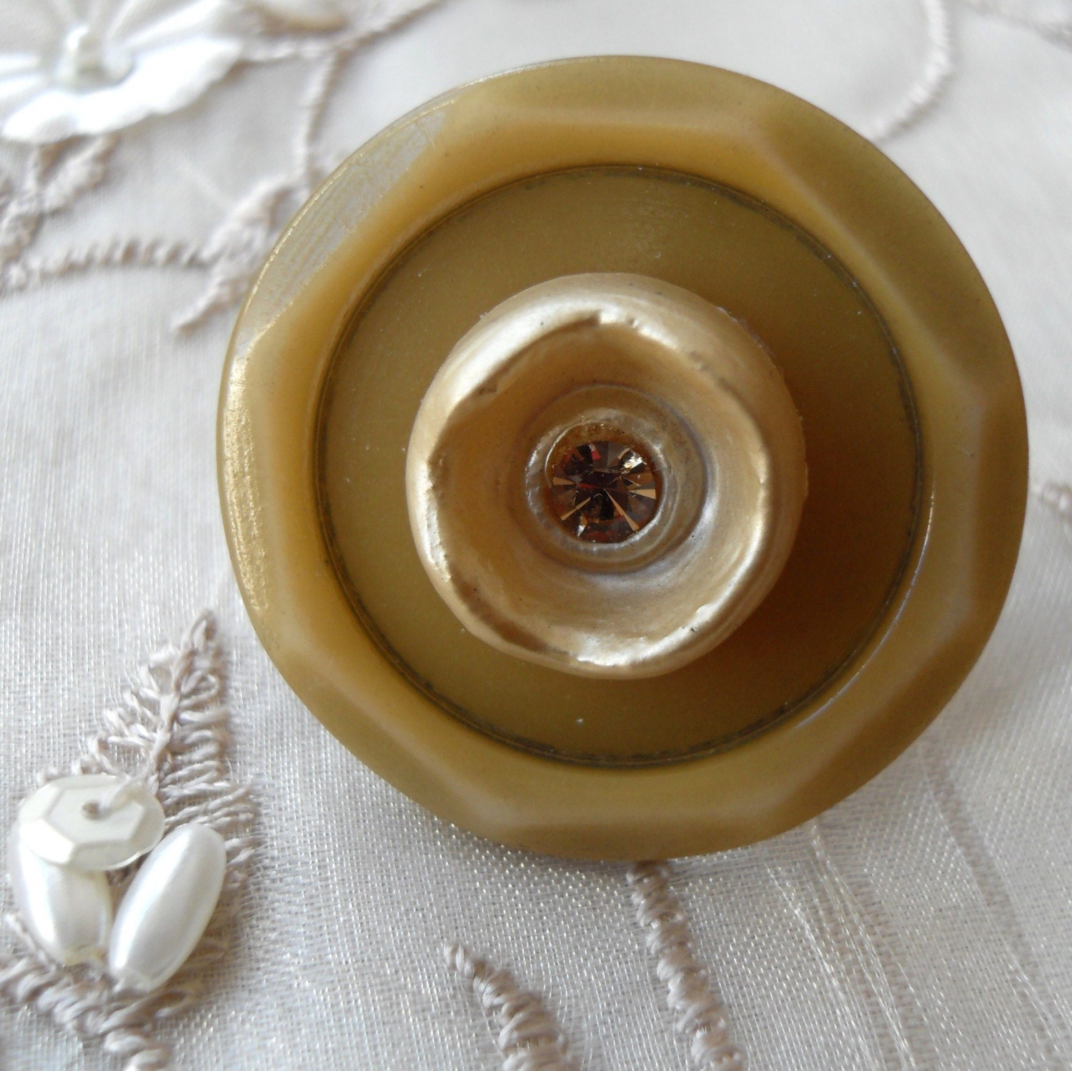 Vintage Buttons Ring Retro Reclaimed Jewelry Large Adjustable Gold Tone Mustard Colour - Flavia