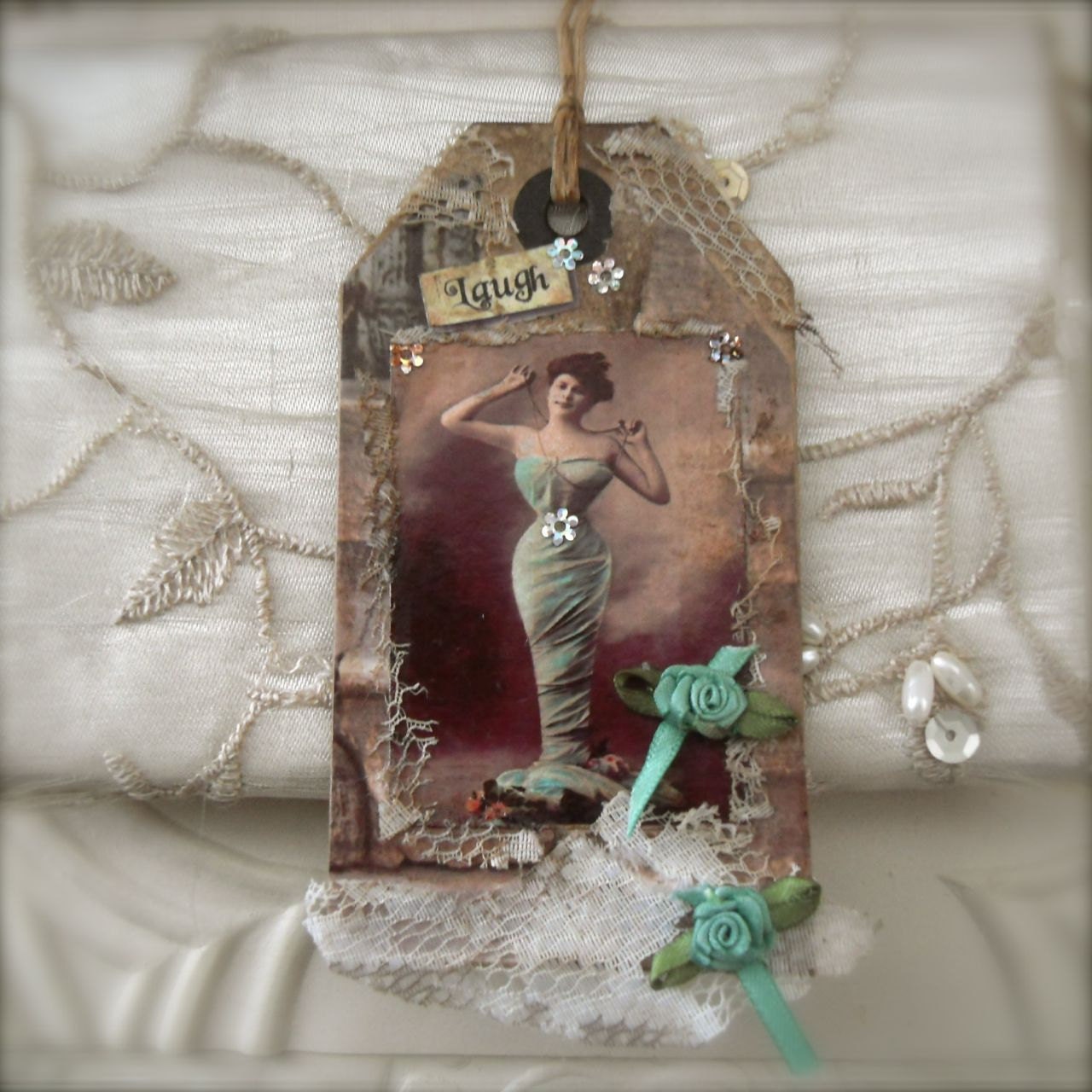 Gift Art Tag Mixed Media Collage Grungy Vintage Inspired Inspirational Bookmark - Laugh