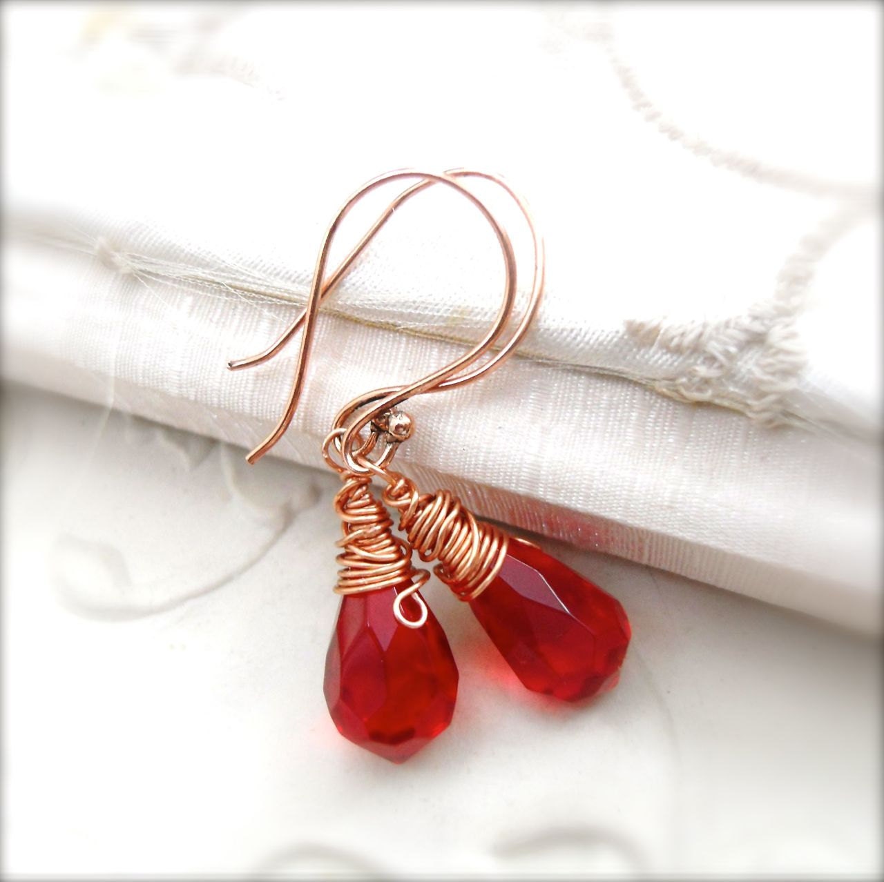  Crystal Earrings on Red Crystal Earrings Teardrop Wire Wrapped Handmade Fashion Jewelry
