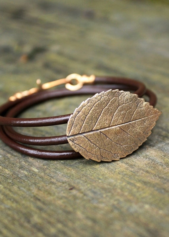Bronze Rose Leaf Bracelet - Eco Friendly Recycled Bronze - Medium Rose Leaf Leather Wrap