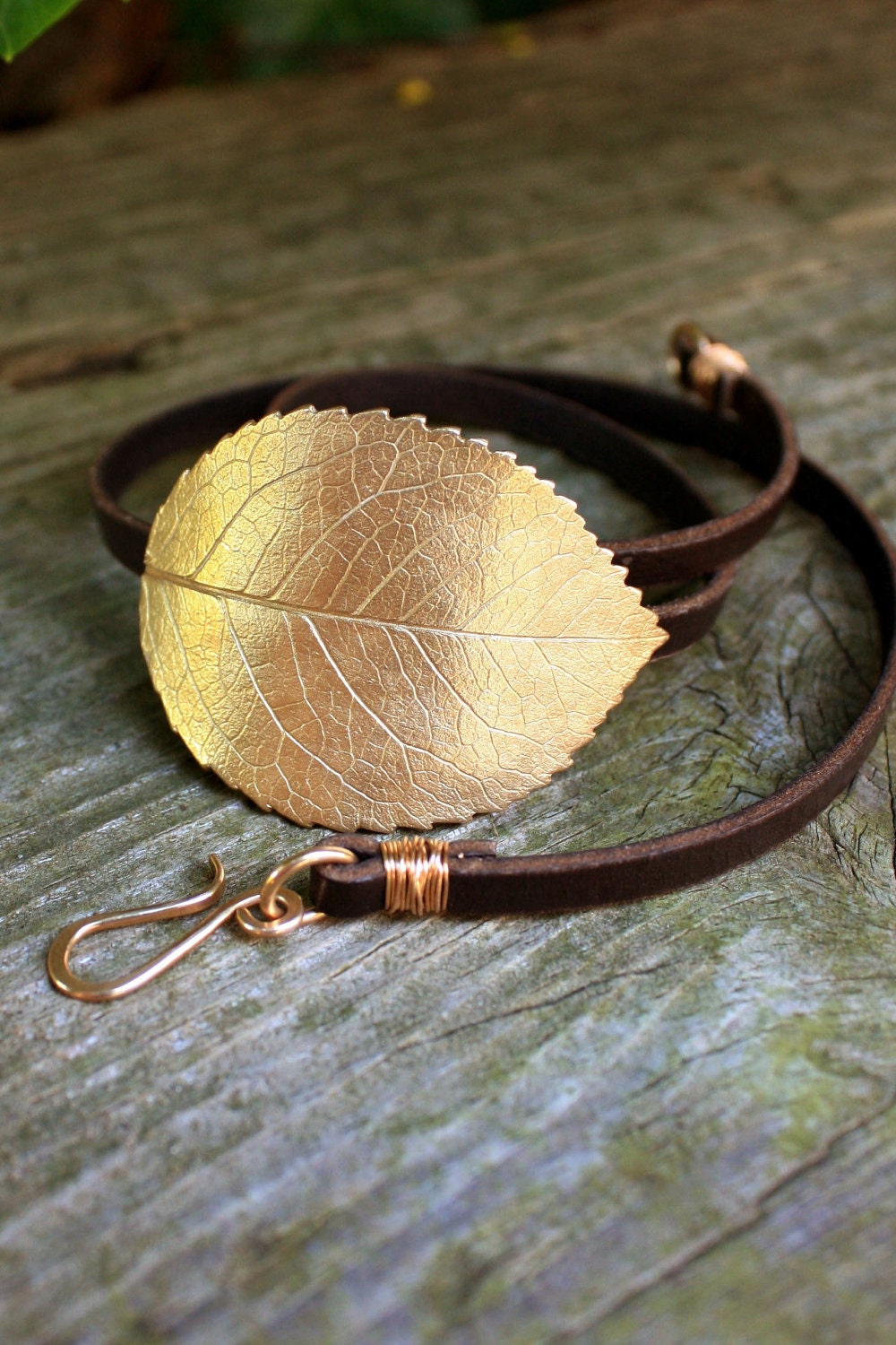 Leather Wrap Bracelet - Eco Friendly Recycled Bronze - Large Rose Leaf