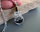 Two AAA Herkimer Diamonds, Sparkling Black Gold Mine Sand, Blown Glass Vial Necklace (Larger Vial) - Sterling Silver Chain