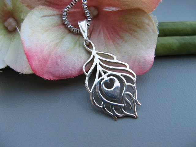 Sterling Silver Peacock Feather Pendant - Peacock Feather Necklace - 18 inch Sterling Silver Box Chain