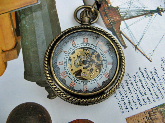 19th Century Pocket Watch, Brass Mechanical Magnifying, Pocket Watch Chain - Steampunk, Groomsmen - Item MPW251