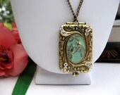 Sale - Love Birds Enamel Locket - Antique Bronze Rhinestone Enamel Photo Locket - Aqua Blue Bird Charm Necklace