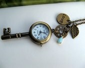 Antique Watch Necklace - Bronze Key Watch - Vintage Baby Blue Jewel - Love and Leaf Charms - Steampunk Victorian Era - Watch
