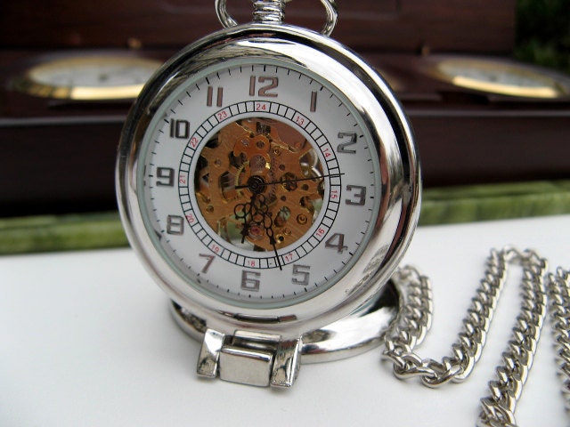 18th Century Style Pocket Watch with View Window and Pocket Watch Chain - Groomsmen - Best Man -  Father of the Bride - Watch - Item MPW164