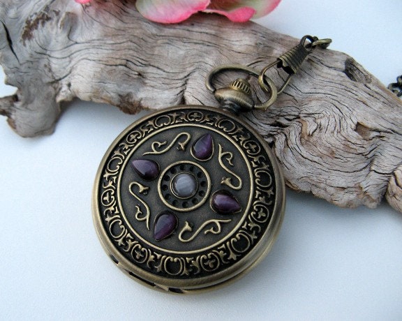 Antique Bronze Pocket Watch - Amethyst Jewels - Pocket Watch Chain - Victorian Steampunk Era - Watch - Item MPW47