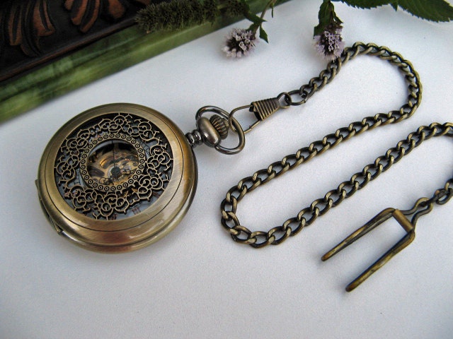 Pocket Watch Bronze Filigree -  Roman Mechanical Pocket Watch with Watch Chain - Victorian Wedding, Groomsmen - Best Man - Item MPW55
