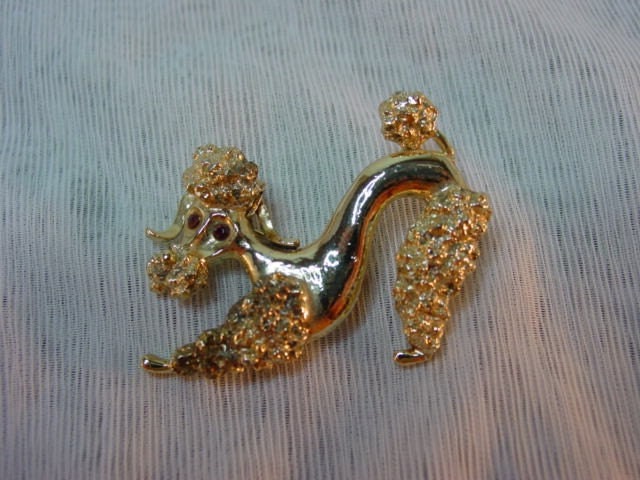 Gold Poodle Pin, Ruby Red Rhinestone Eyes, Vintage Signed Gerrys Large Brooch Vintage Jewelry Costume Jewellery