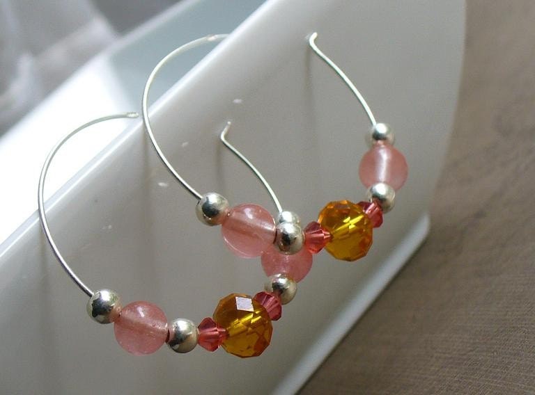 Topaz, Padparadscha and Cherry Quartz Sterling Silver Hoops
