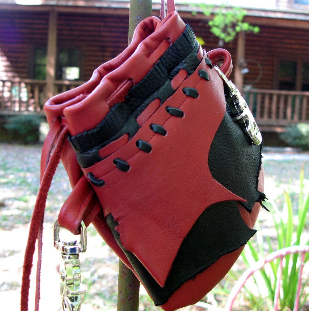 Leather Hip Bag, Leather Handbag in Red and Black Cowhide