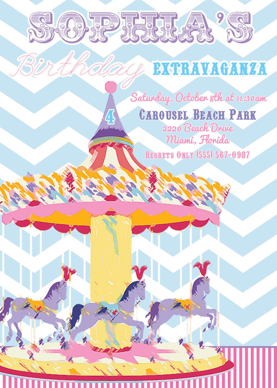 Carousel Birthday Party Invite (20 printed, 5x7 with glitter)