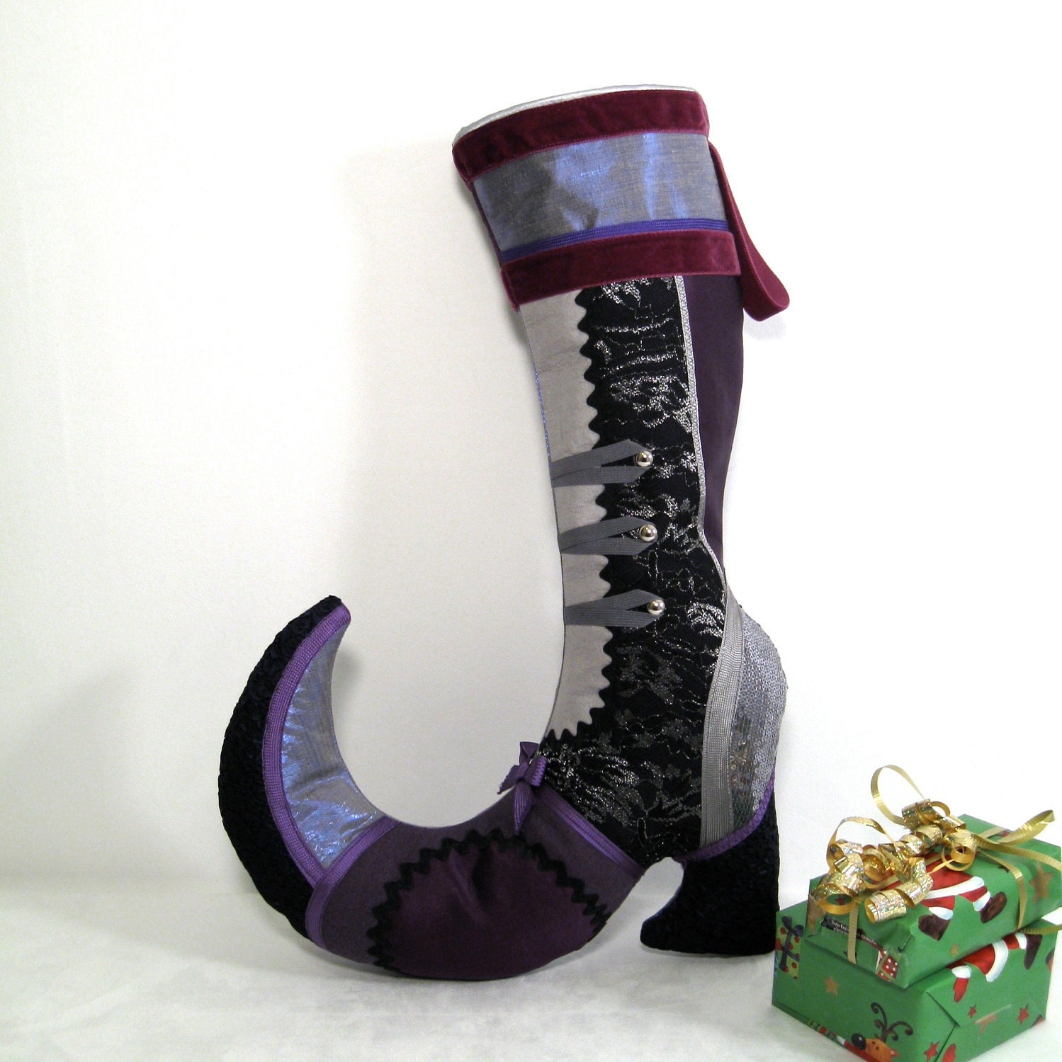 Victorian Christmas Stocking - Purple Silver - Whimsical Holiday Decor - Decorative Elf Shoe Boot - Aubergine Grey Gray - 17 X 12 inch