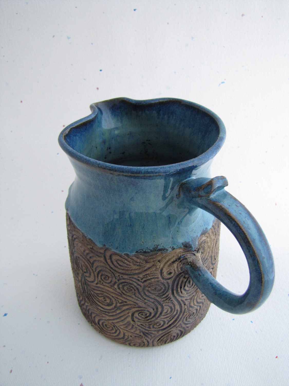 Pitcher Blue Carved Spirals Muddy Paws Pottery