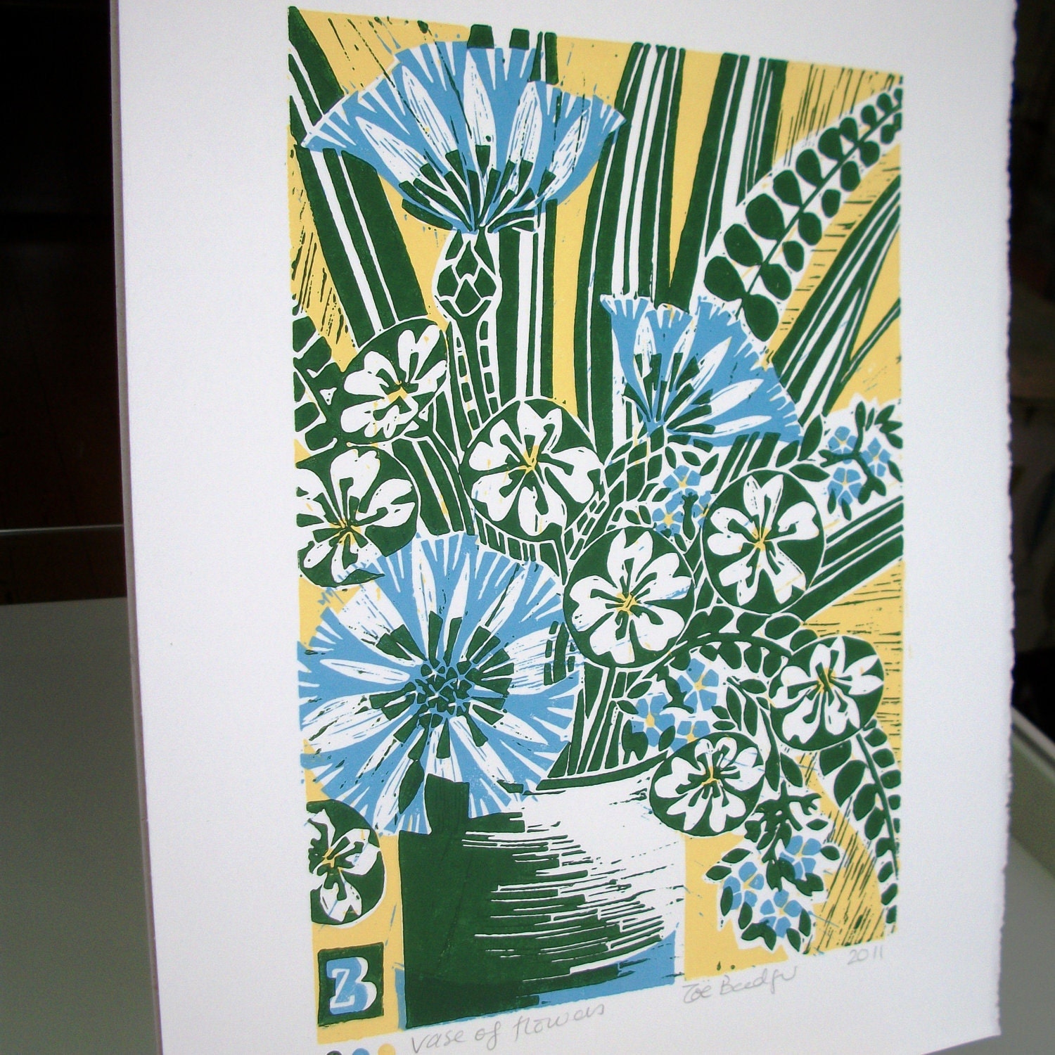 Vase of flowers linocut print.