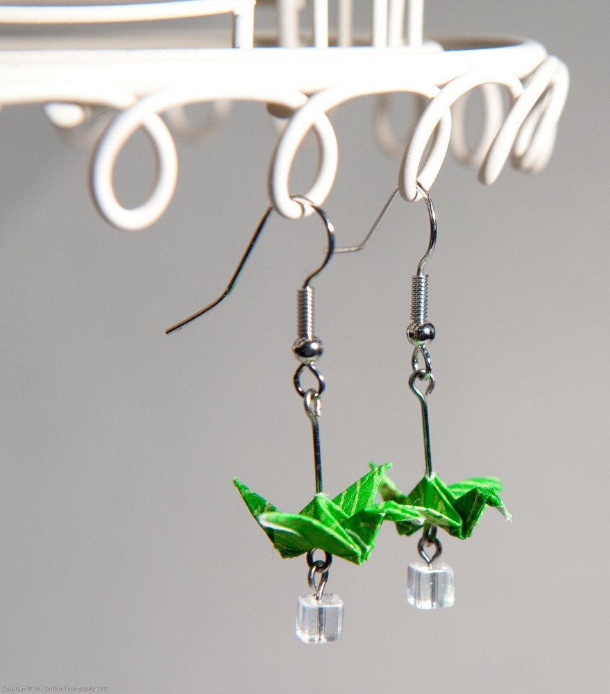Emerald Green Origami Crane Earrings