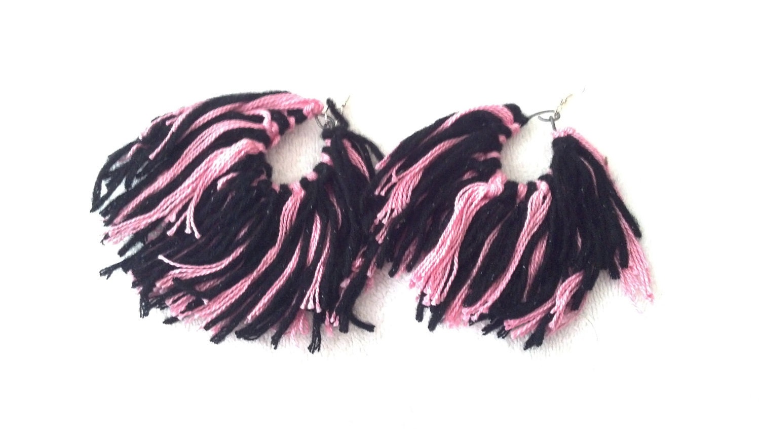 Pink and Black Fiber Earrings, Fiber Hoop Earrings, Long Black and Pink Earrings,Pink Hoops(long)