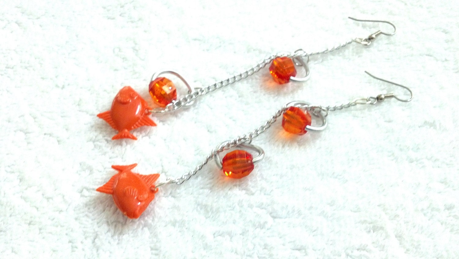 Fish Chain Earrings, Long Fish Earrings, Beach Earrings, Gold fish Earrings, Orange chain Earrings