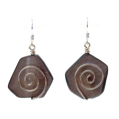 Grey Hexagon Shell Earrings irregular hexagon river shell freeform wire spirals sterling earwires