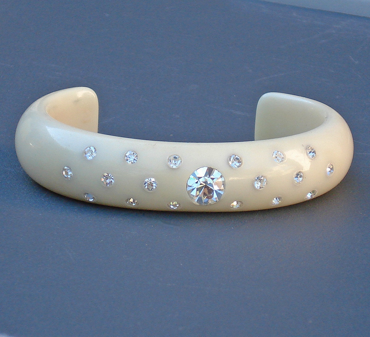 Retro French Vanilla Lucite Cuff Bracelet with Paste Stones