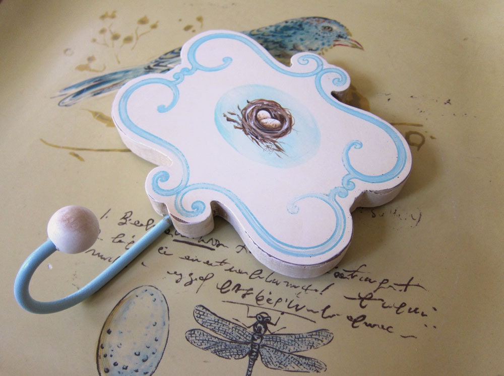 French Country Wall Hook  Shabby Chic Farmhouse Bird Nest Aqua Blue Cottage Chic