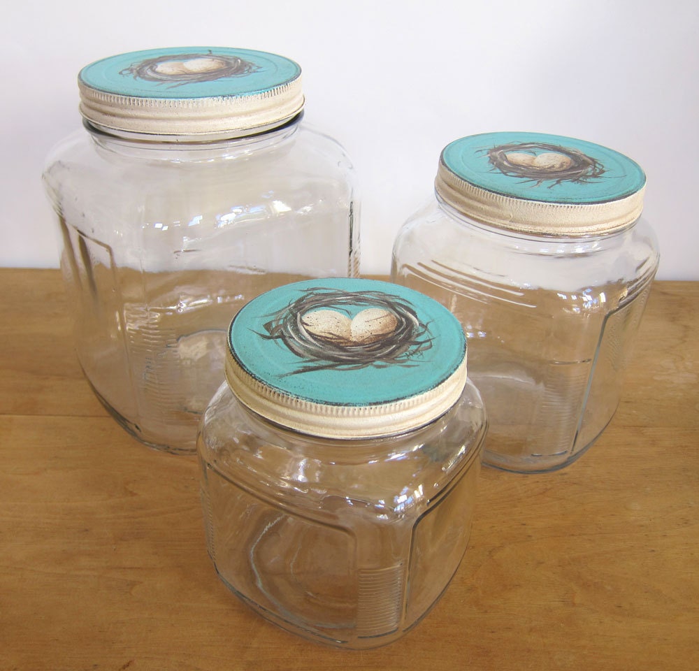 3 Piece French Country Farmhouse Cottage Chic Vintage Style Storage Jar Canister with Nest and Eggs