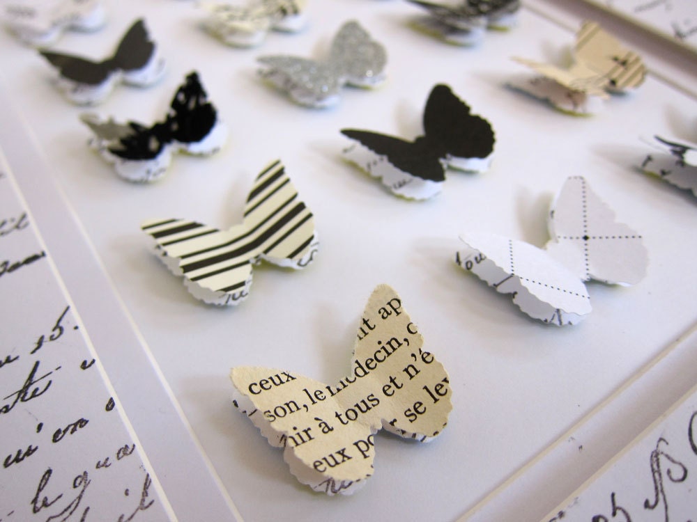 French Shabby Chic Black and White Paper Butterfly Collection Home Decor Cottage Chic