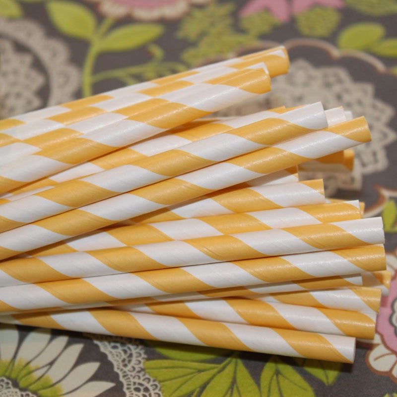 Paper Straws, 50 Yellow Striped Paper Straws with printable Straw Flag Pennants