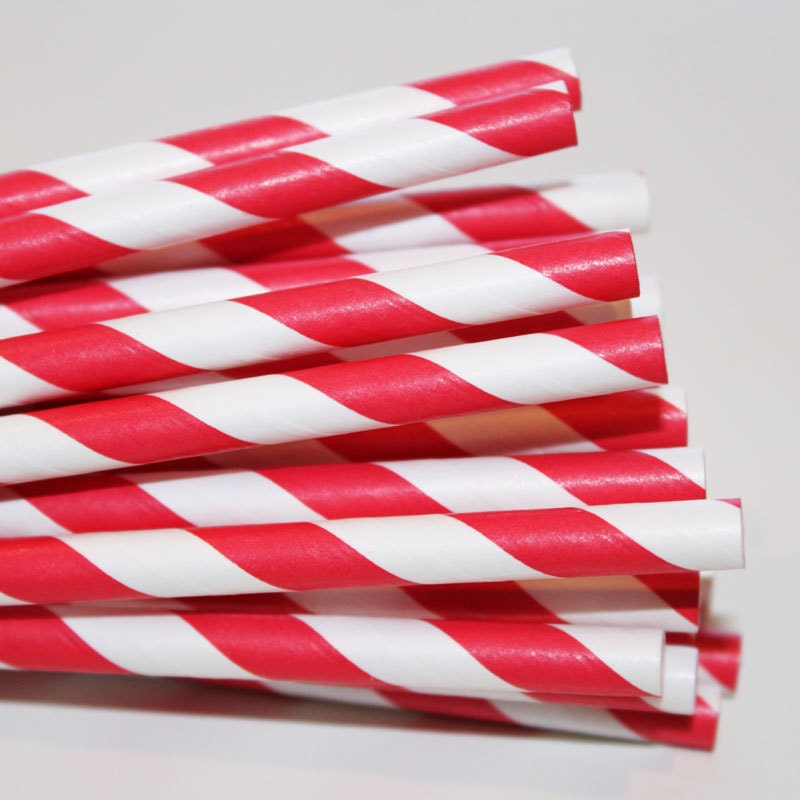 25 Candy Apple Red Paper Straws, Party Drinking Straws with printable Straw Flags, Made In USA