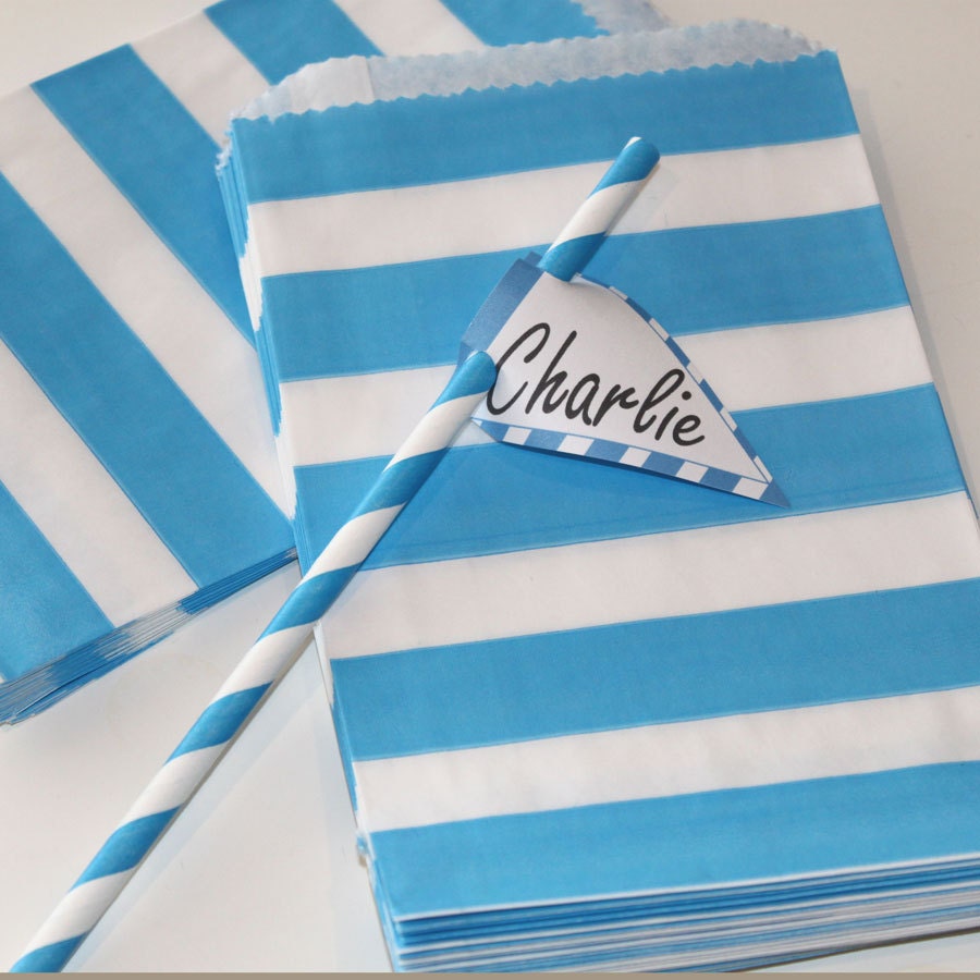 Party Favor Bags - 24 Blue Sailor Striped Paper Bags, Party, Favors, Package, Baby Shower, Birthday Wedding