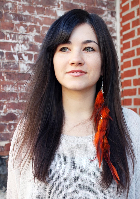 Long Feather Earring. Bright, Firey Orange, Natural, Silver Chain. Handmade By Kiss Every Comma On Etsy