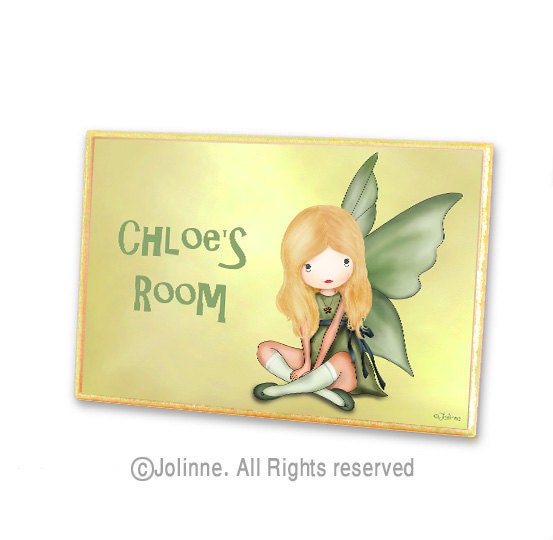 Children room door sign personalized name green yellow fairy angel girls customized gift