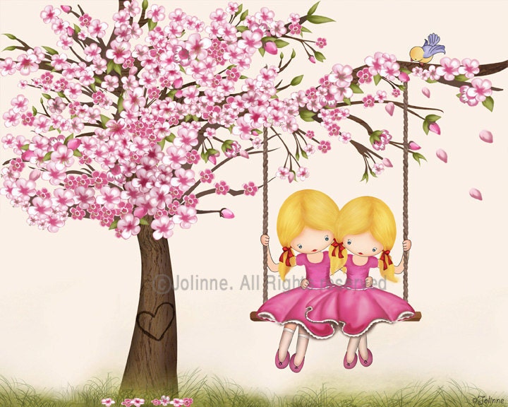 Girls sisters room art print, cherry blossom tree, best friends art, twin sisters nursery decor, pink wall art, children spring
