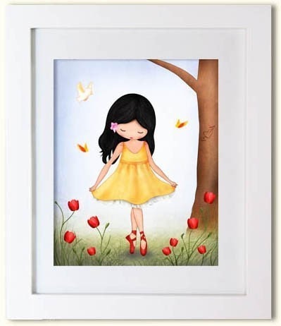 Art for girls room Nursery illustration children's room decor girl dancing in the garden butterflies and poppies, nursery art prints