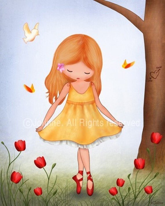 Art print for girls room, nursery art, ballerina, children room decor, pink wall art, children spring,  nature inspired
