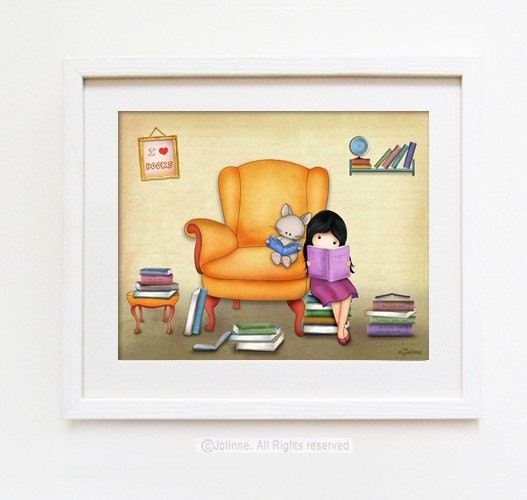 Books art prints for children, baby room art, Library wall art, Girl and cat reading books , etsy kids art, reading room decor (V1)